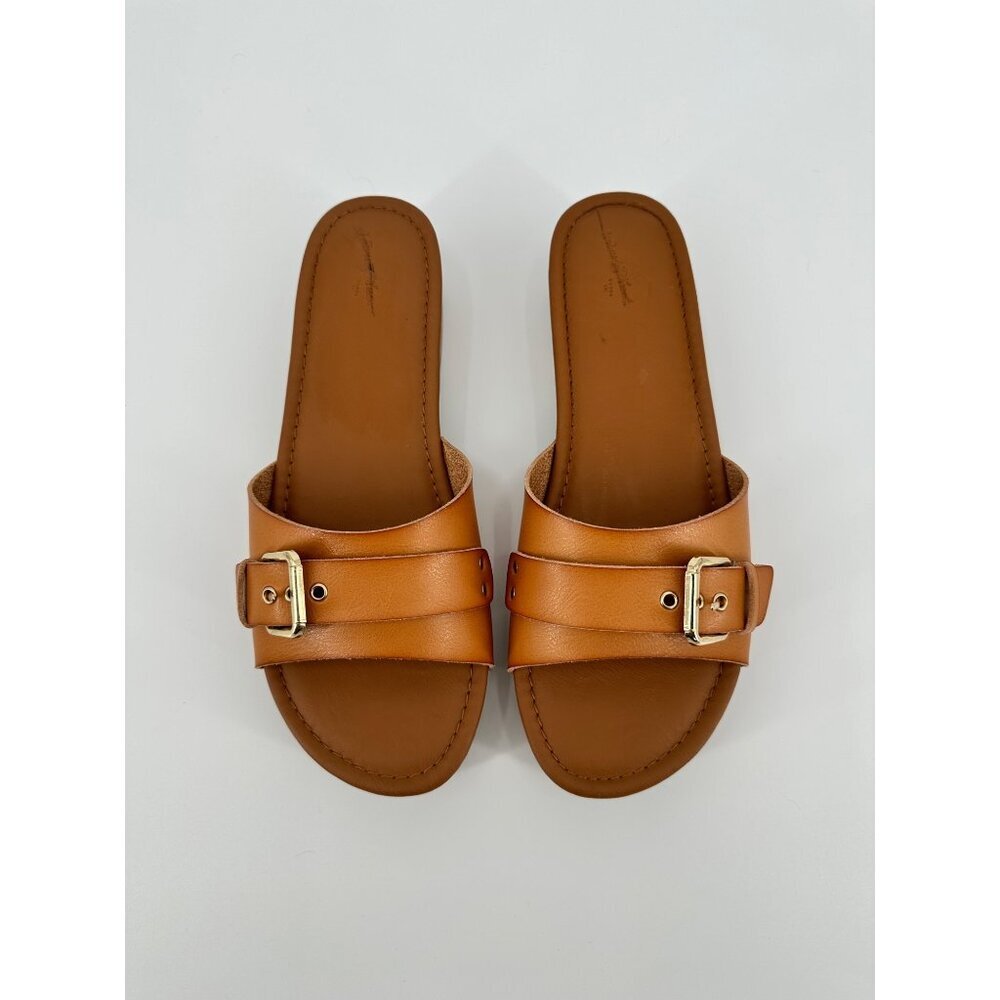 Universal Thread Cognac Kora Faux Leather Slip On Sandals Women 11 Gold Buckle